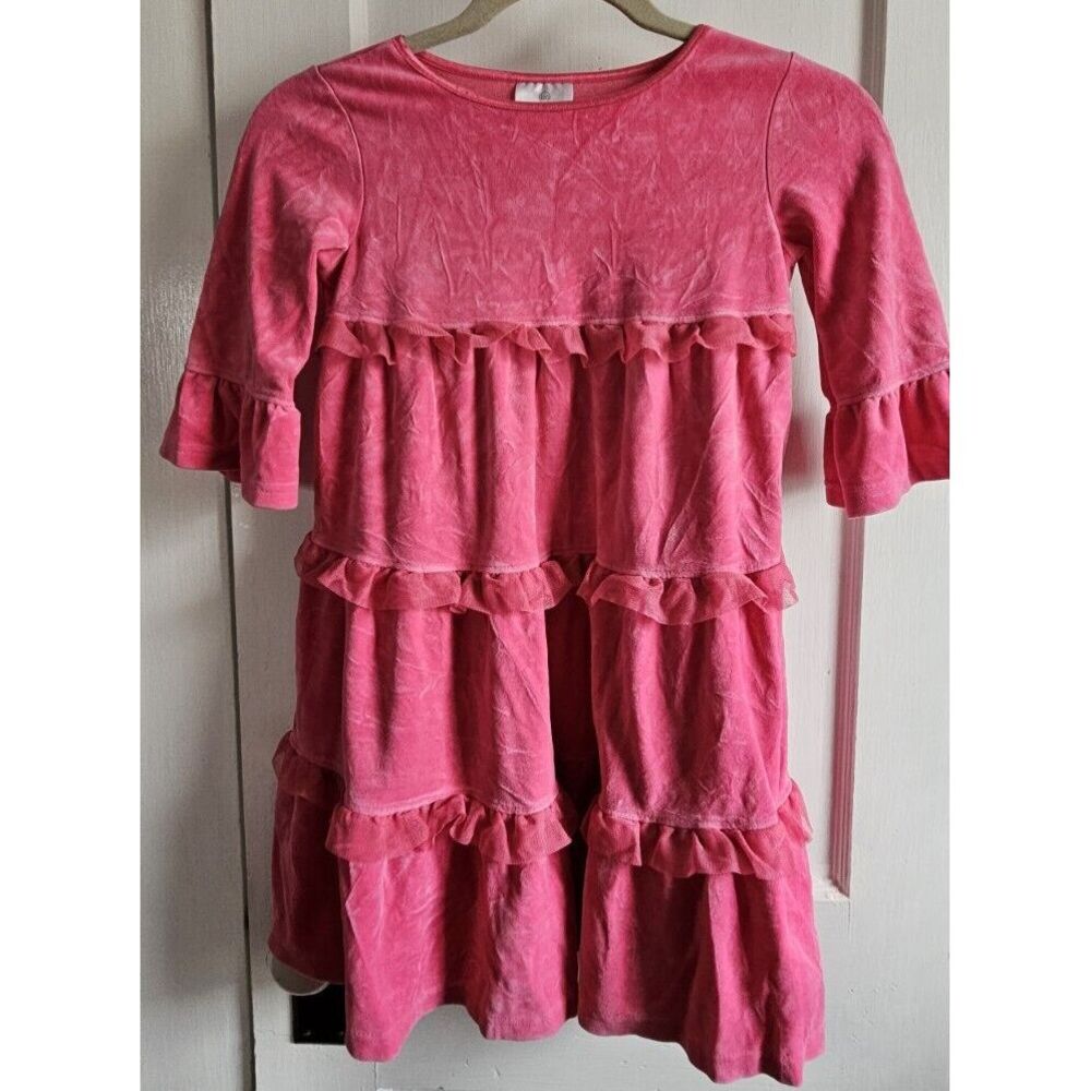 hanna andersson PINK velvet Tulle Tiered dress 120 Ukraine made 3/4 sleeves